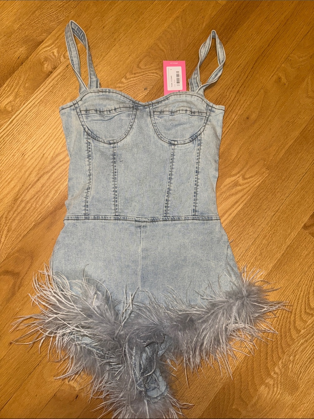 Edikted Light Blue Denim Feather Trim Romper